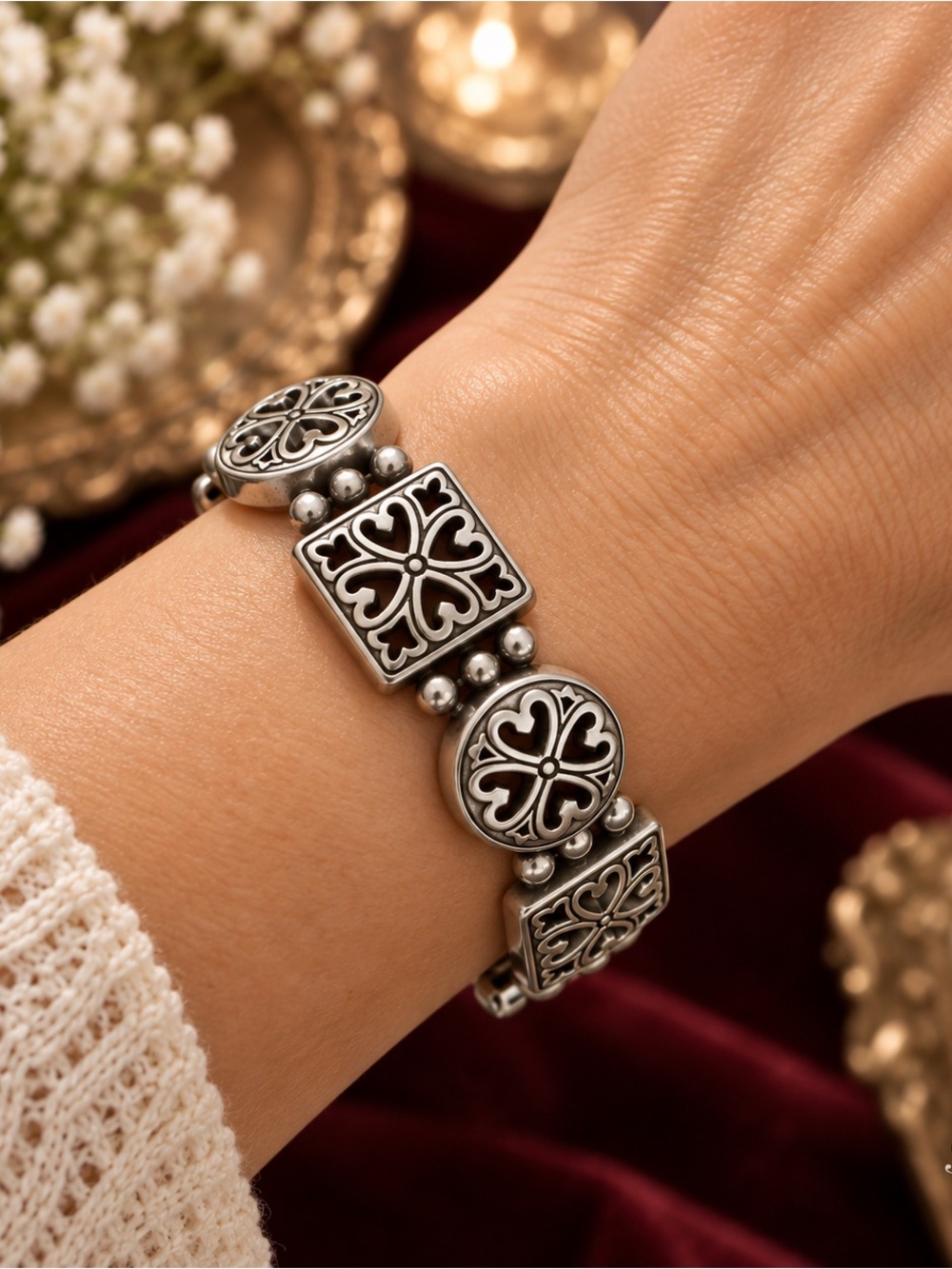 Brighton Vintage Silver Heart Clover Filigree Chunky Link Bracelet